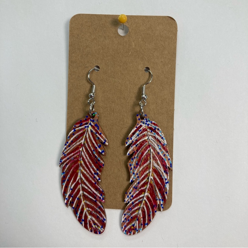 One-of-a-Kind Hand Painted Wooden Feather Earrings - Red and Blue Fall Colors